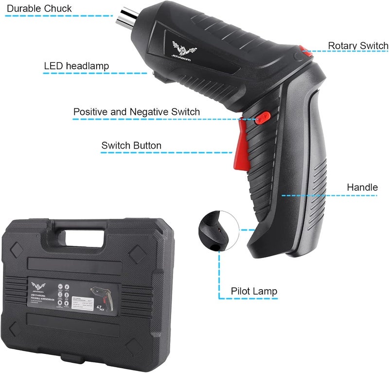 JENABOM 47 in 1 Electric Screwdriver Set, 3.6V Cordless & Rechargeable, 3.5N·m Max Torque, USB Power Rechargeable Screwdriver with 44pcs Driver Bits, Ideal for Small Projects - Image 2